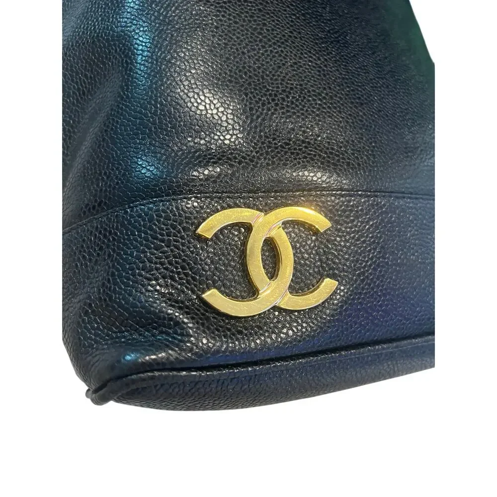 Authentic Vintage CC Chanel Black Caviar Bucket Shoulder Bag gold hardware